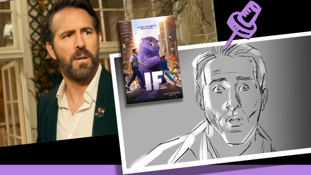Ryan Reynolds interacting with imaginary characters in a storyboard frame for the movie IF.