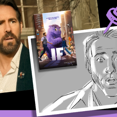Ryan Reynolds interacting with imaginary characters in a storyboard frame for the movie IF.