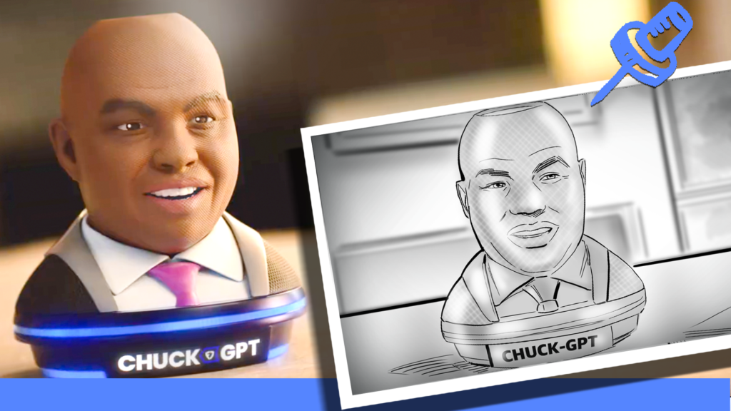 Storyboard frame for FanDuel Chuck GPT commercial directed by Hank Perlman, illustrated by Joe James at Saint James Studios.